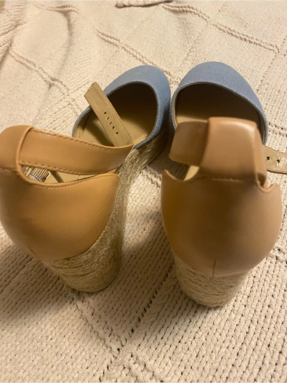Nine West Light Blue Canvas and Tan Espadrille Wedge Sandals
